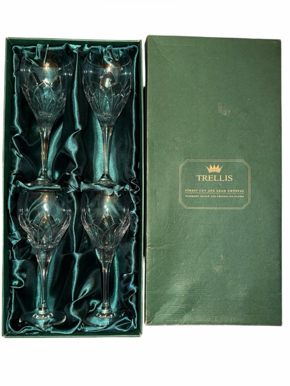 Set of 4 Vintage Crystal Clear Industries Trellis 24% Lead Crystal Wine Glasses